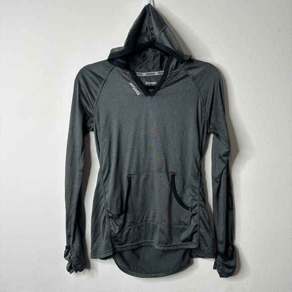 Reebok Gray Long Sleeve Light Hooded Pullover Running Shirt Front Pockets XS - Picture 1 of 11